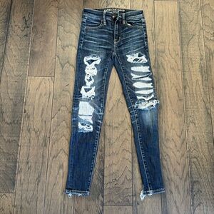 American Eagle Outfitters Distressed Skinny Jeans - Dark Blue